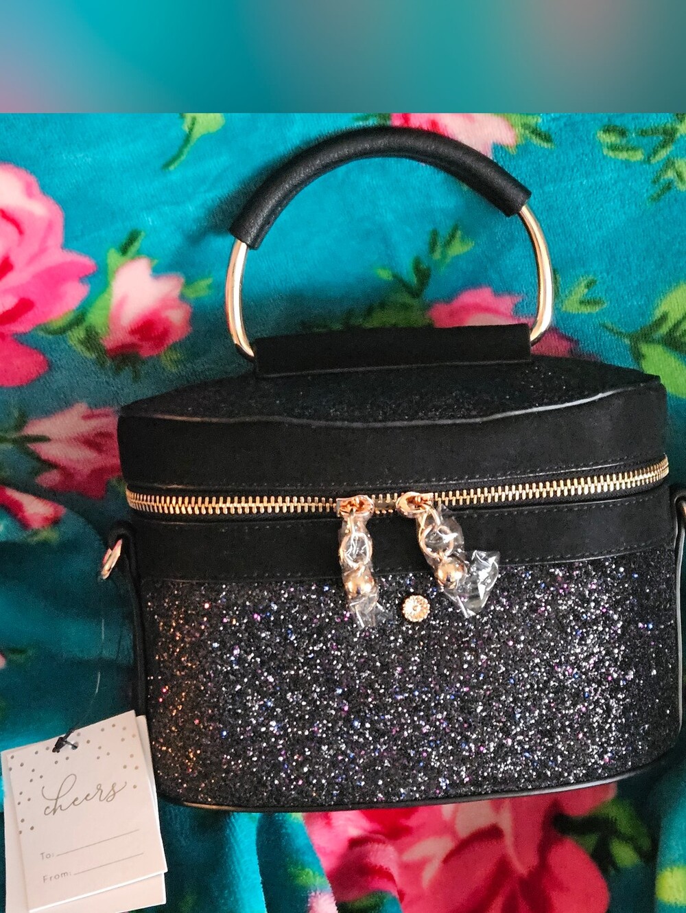 NWT Lauren Conrad Black Blue Purple Glitter Top-Handle Bag with Gold Hardware